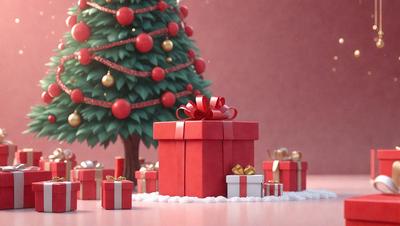 The primary subject of the image is a red Christmas tree with a bow on top. The setting is a pink background, and the visual style is a digital art or illustration. The dominant colors are red and pink, creating a warm and festive atmosphere.